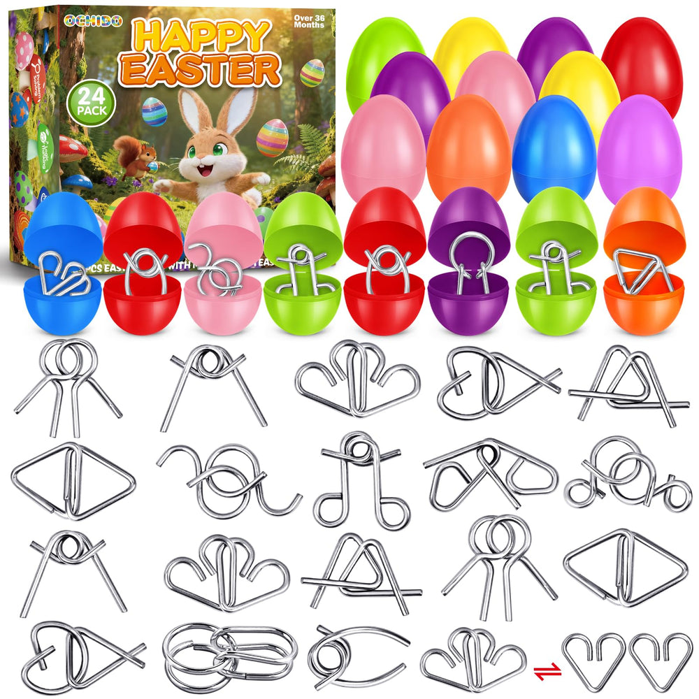 OCHIDO Easter eggs 24-pack with colorful shells concealing brain teaser toys for engaging hunts.