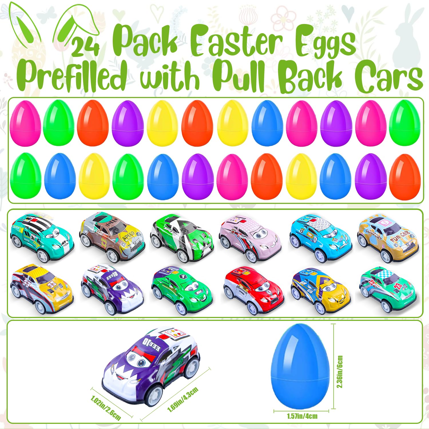 Ocirose close-up of colorful eggs and pull-back cars with no assembly