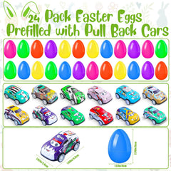 Ocirose close-up of colorful eggs and pull-back cars with no assembly
