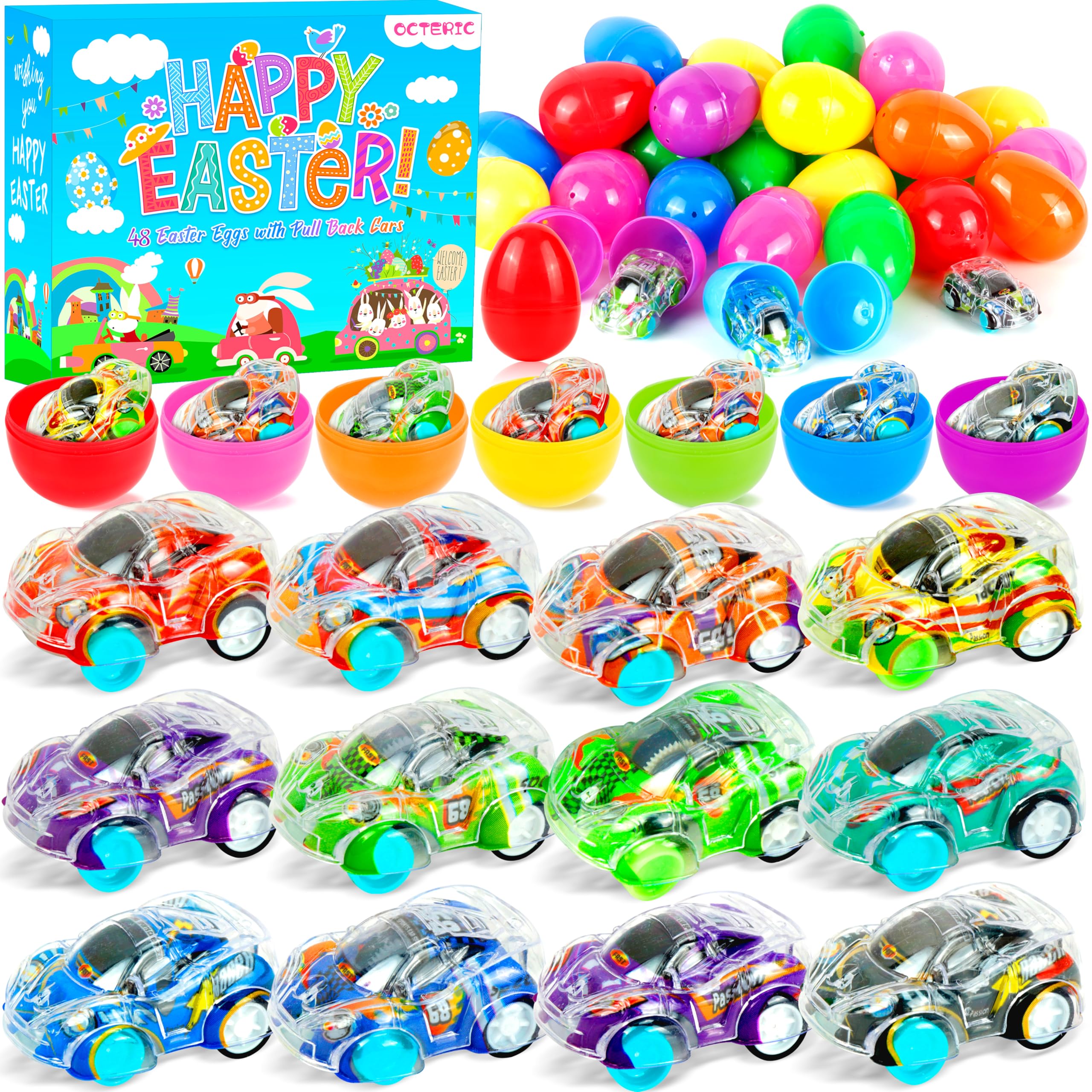 OCTERIC 48-pack Easter eggs with pull-back cars for exciting egg hunts
