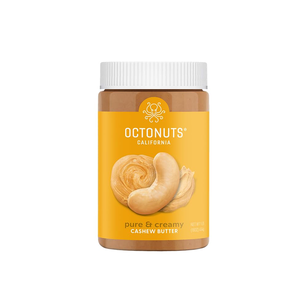 OCTONUTS Creamy Cashew Butter jar front, premium single-ingredient spread for gluten-free diets.