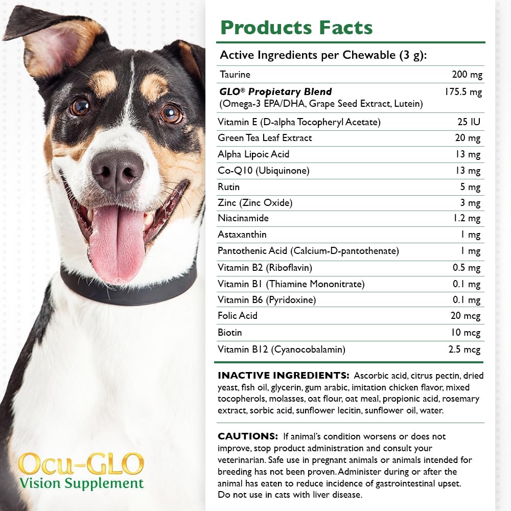 Ocu-GLO dog and cat chews in a bowl, easy daily addition for pet eye health.