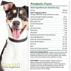 Ocu-GLO dog and cat chews in a bowl, easy daily addition for pet eye health.