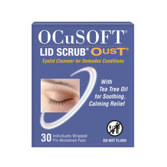 OCuSOFT Lid Scrub Oust packaging shows convenient pre-moistened pads for eyelid cleansing.