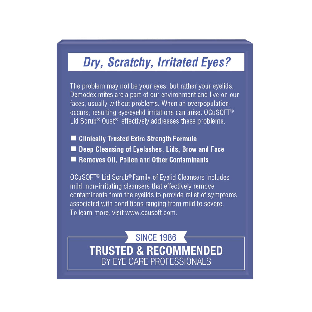 OCuSOFT Lid Scrub Oust pads ready for quick, gentle eye area cleaning.