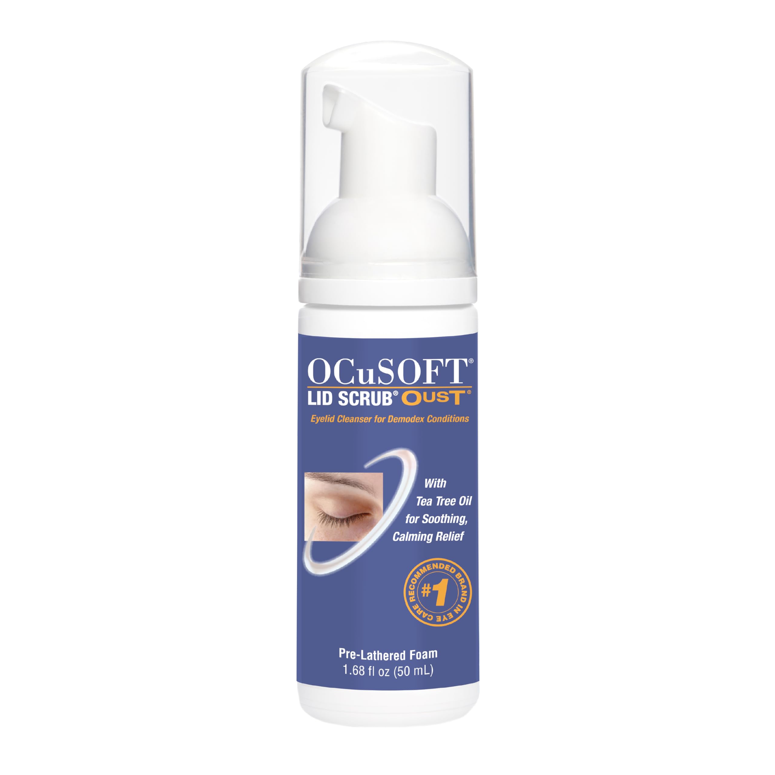 OCuSOFT Oust Demodex Foam Cleanser bottle with tea tree oil for eyelid hygiene.