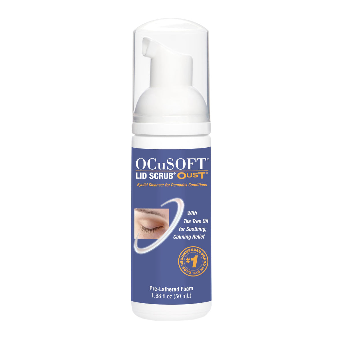 OCuSOFT Oust Demodex Foam Cleanser bottle with tea tree oil for eyelid hygiene.
