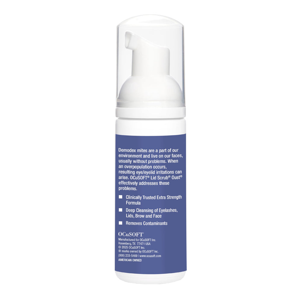 OCuSOFT Oust Demodex Foam Cleanser foaming action lifts debris and oil.