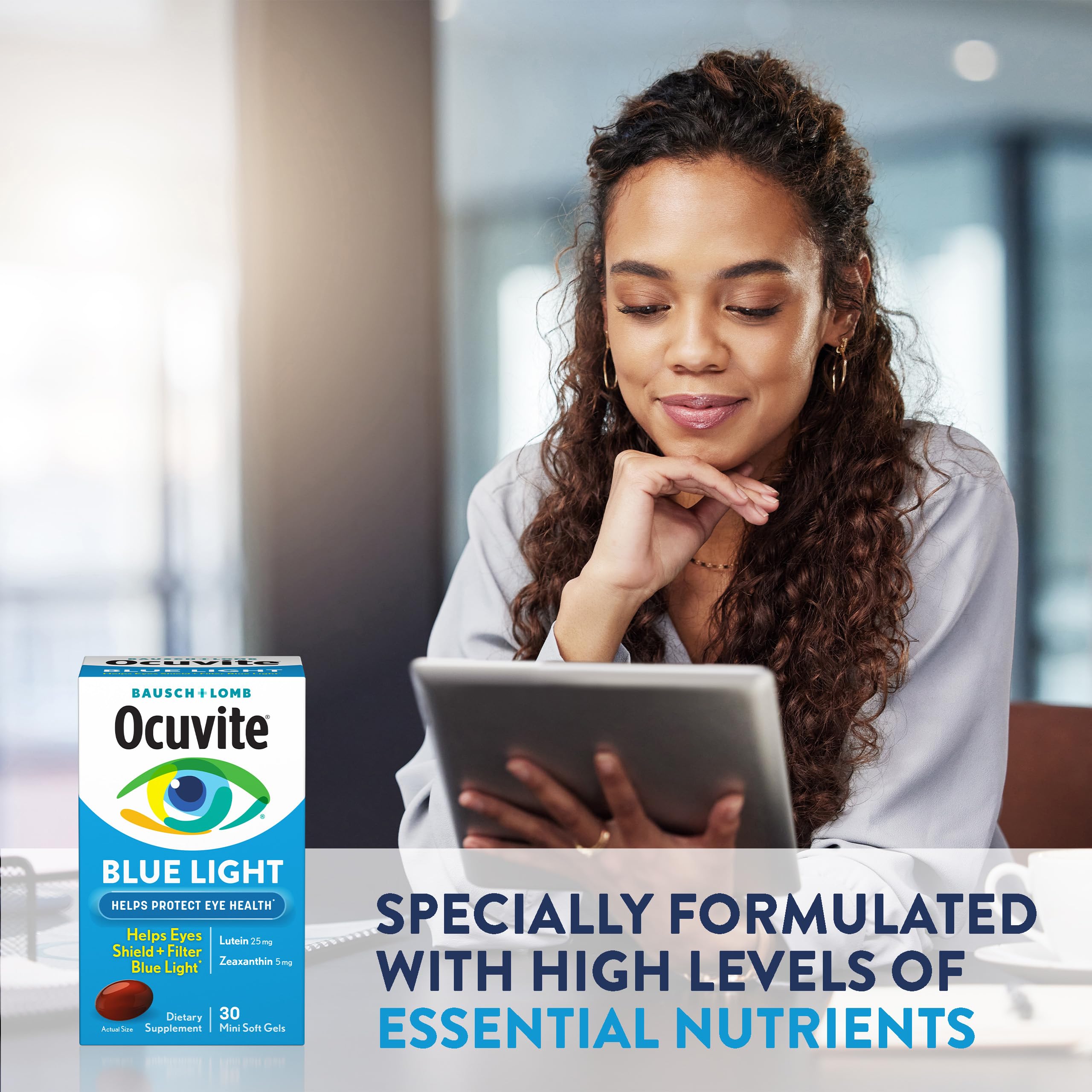 Ocuvite easy-to-swallow softgels suited for daily use.