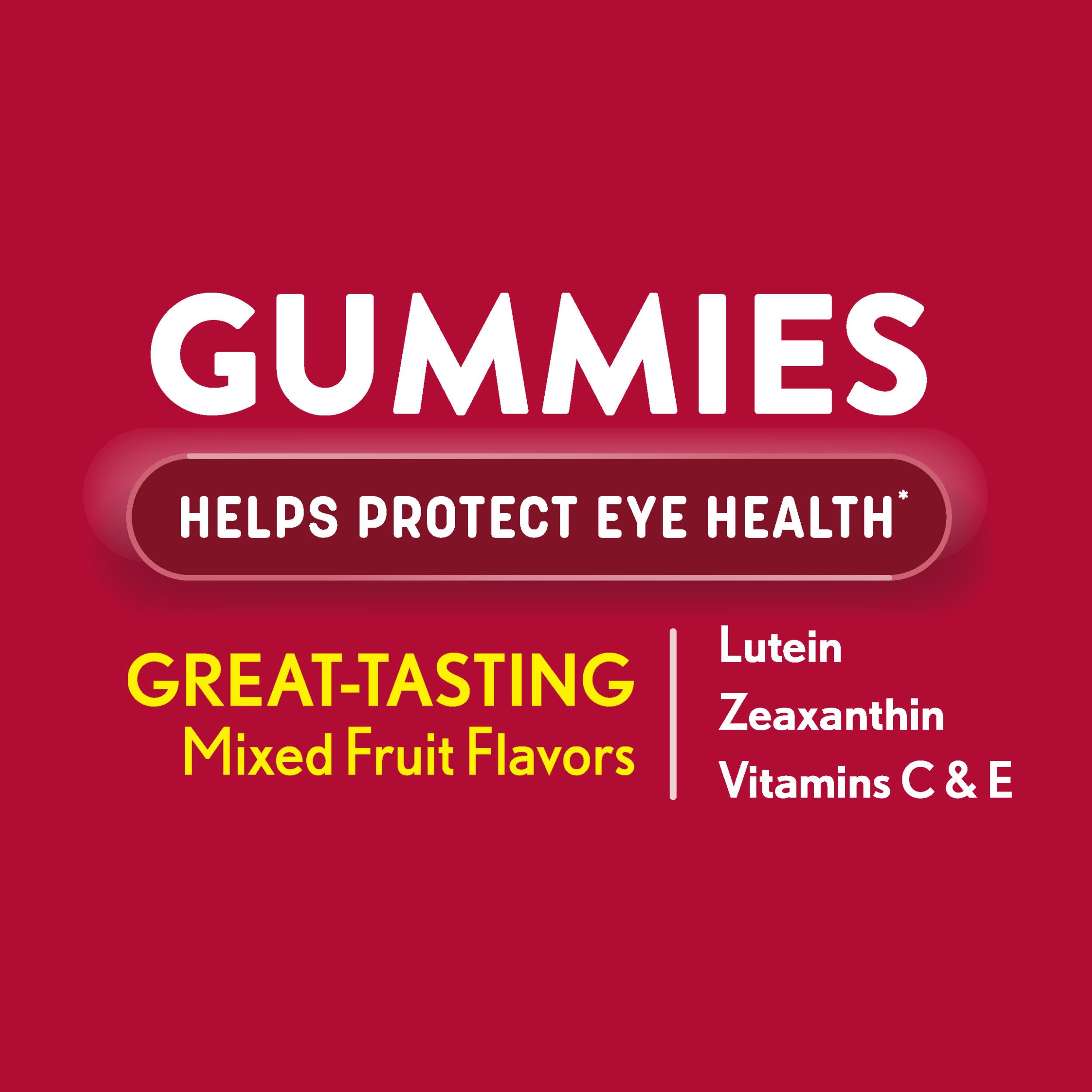Ocuvite Eye Health Gummies bottle label highlights lutein and zinc benefits.
