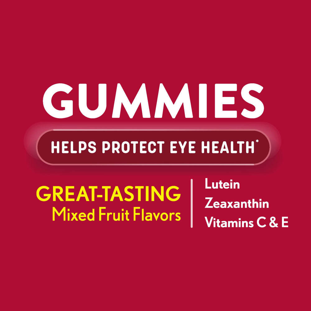 Ocuvite Eye Health Gummies bottle label highlights lutein and zinc benefits.