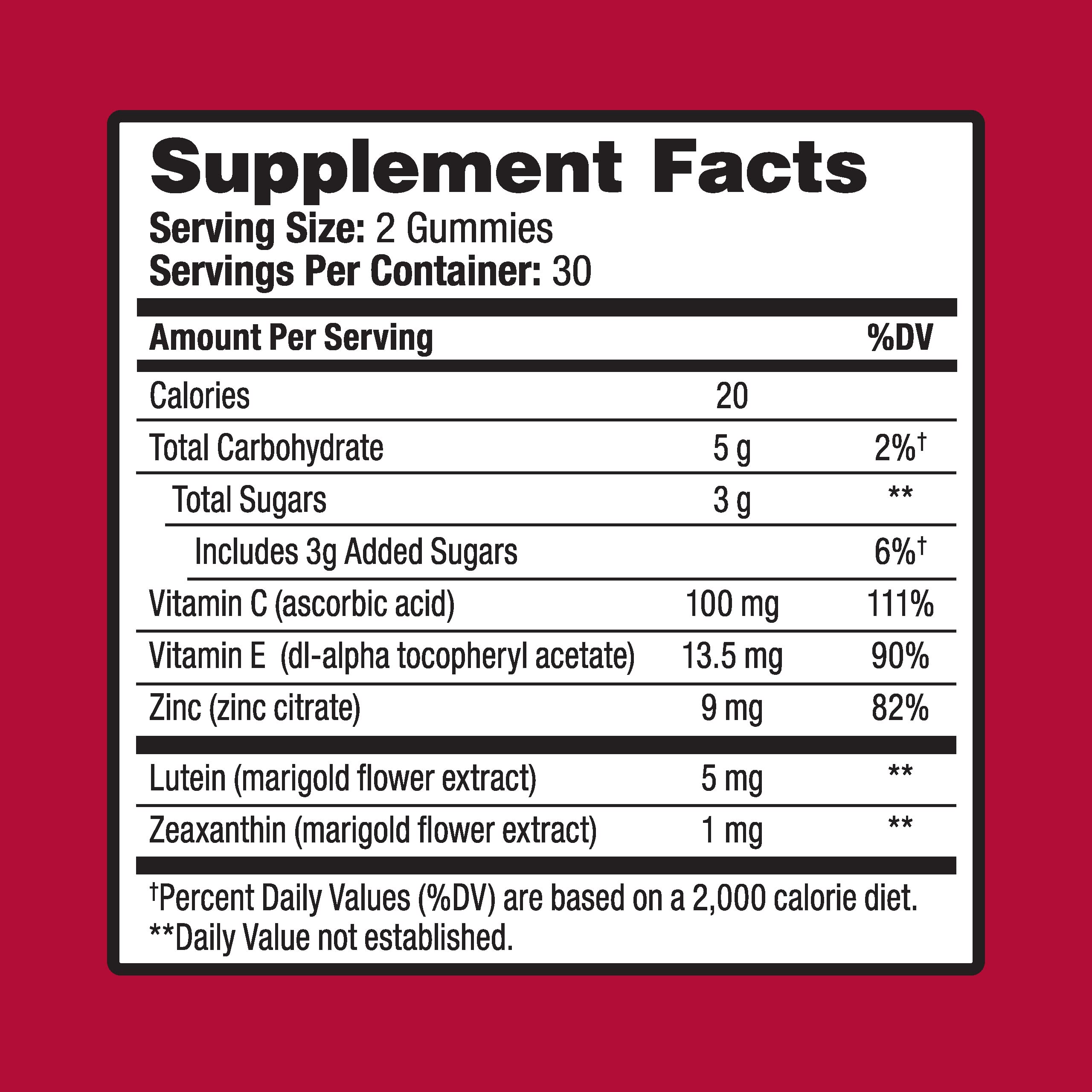 Ocuvite Eye Health Gummies nutrition panel closeup highlights vitamins and minerals.