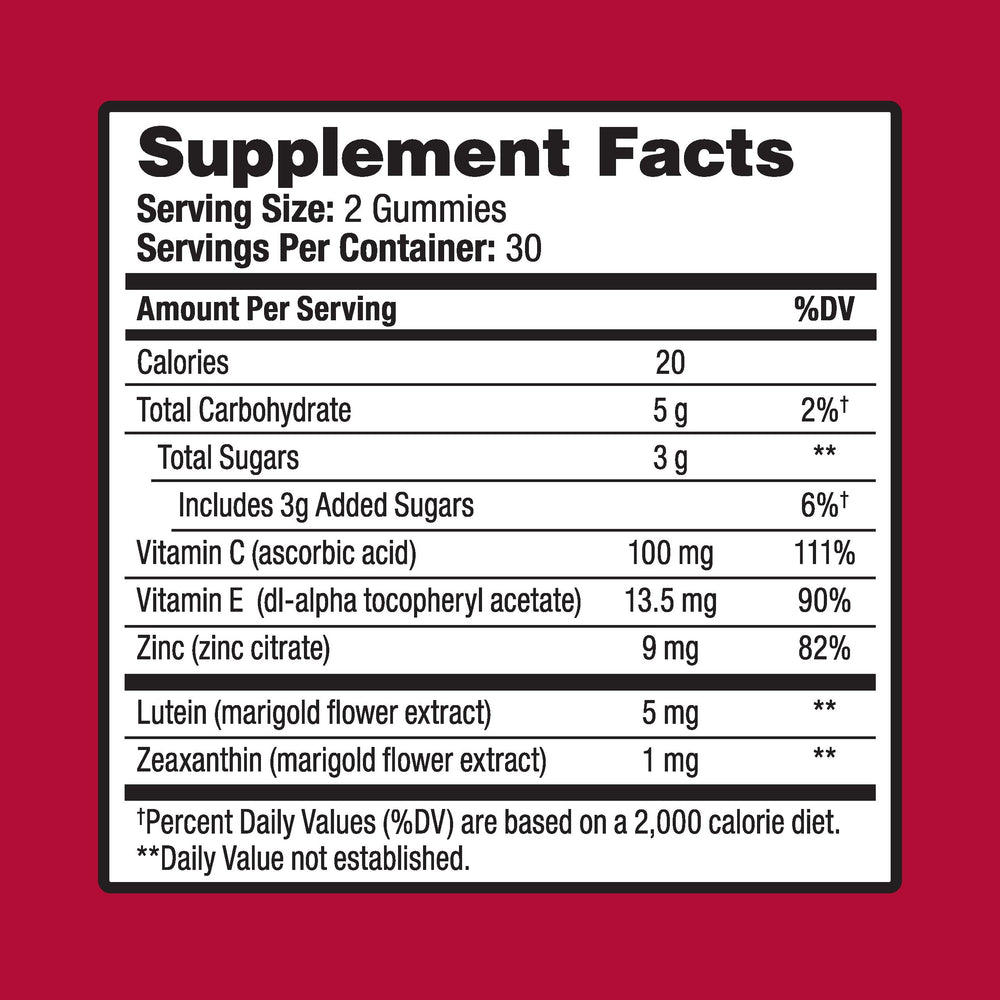 Ocuvite Eye Health Gummies nutrition panel closeup highlights vitamins and minerals.