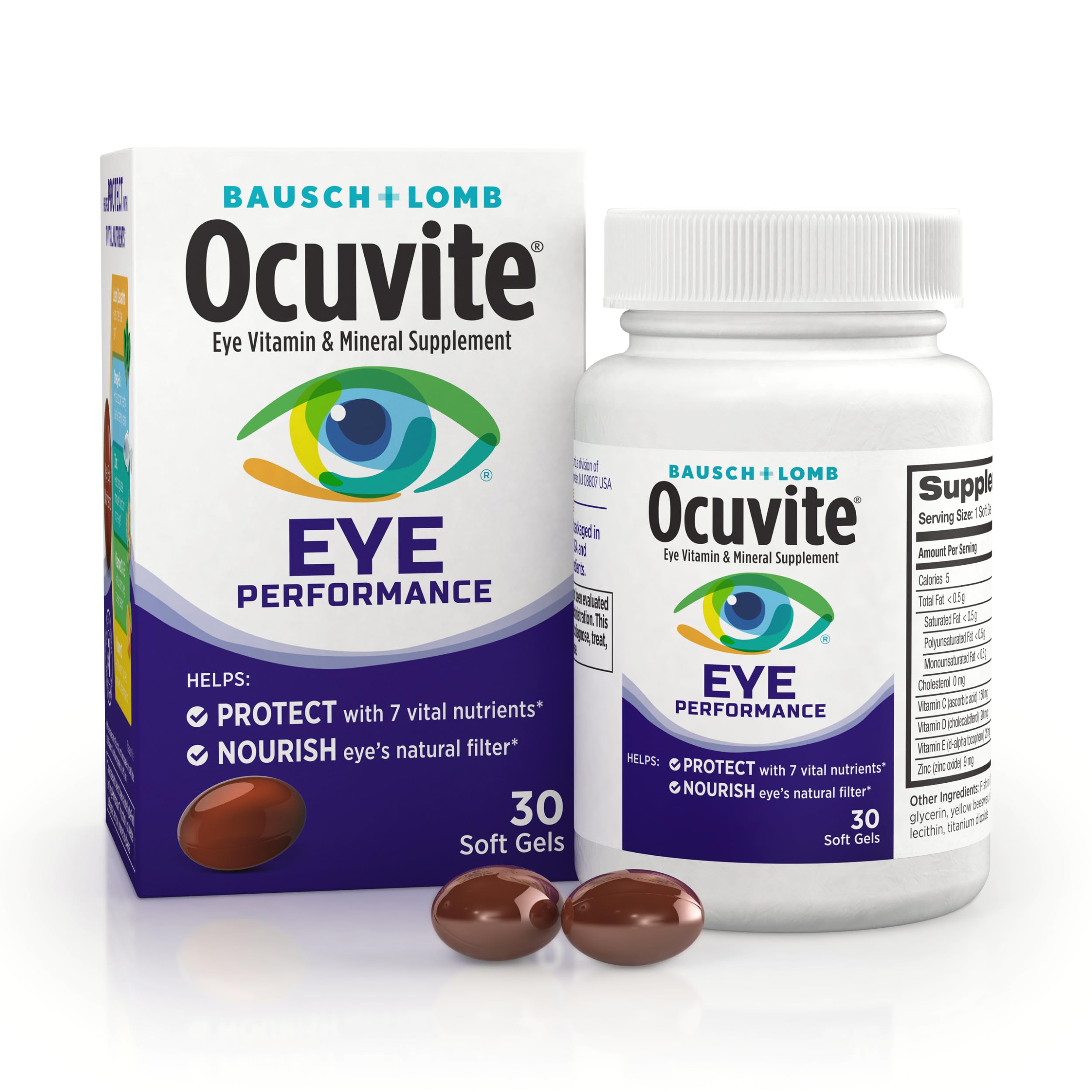 Ocuvite Eye Performance bottle with softgels for daily eye health support.