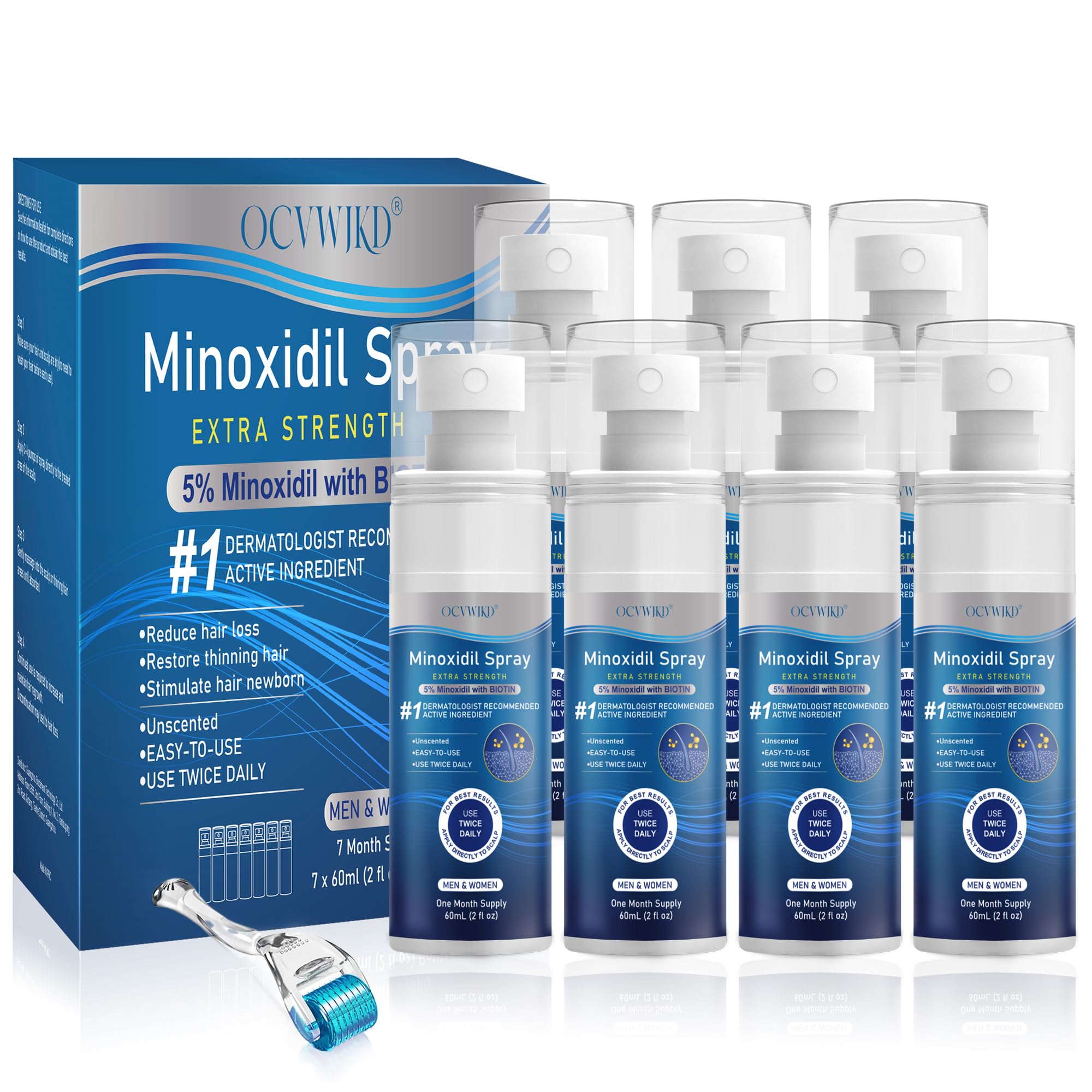 OCVWJKD 5% Minoxidil spray bottle targets scalp for fuller-looking hair.