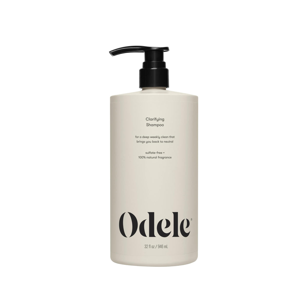 Odele Clarifying Shampoo bottle front view; deep cleanse for buildup-prone hair
