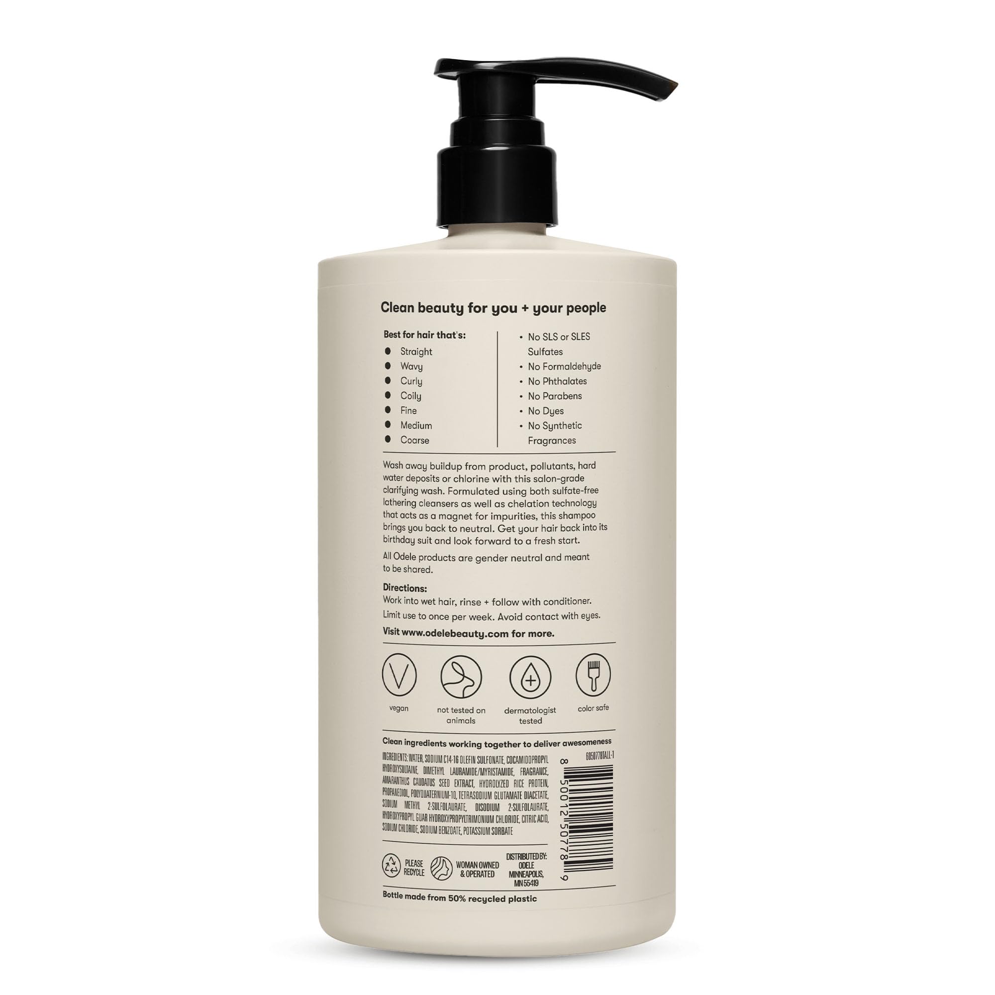 Odele Clarifying Shampoo lifestyle shot; oakmoss, ylang ylang, cucumber