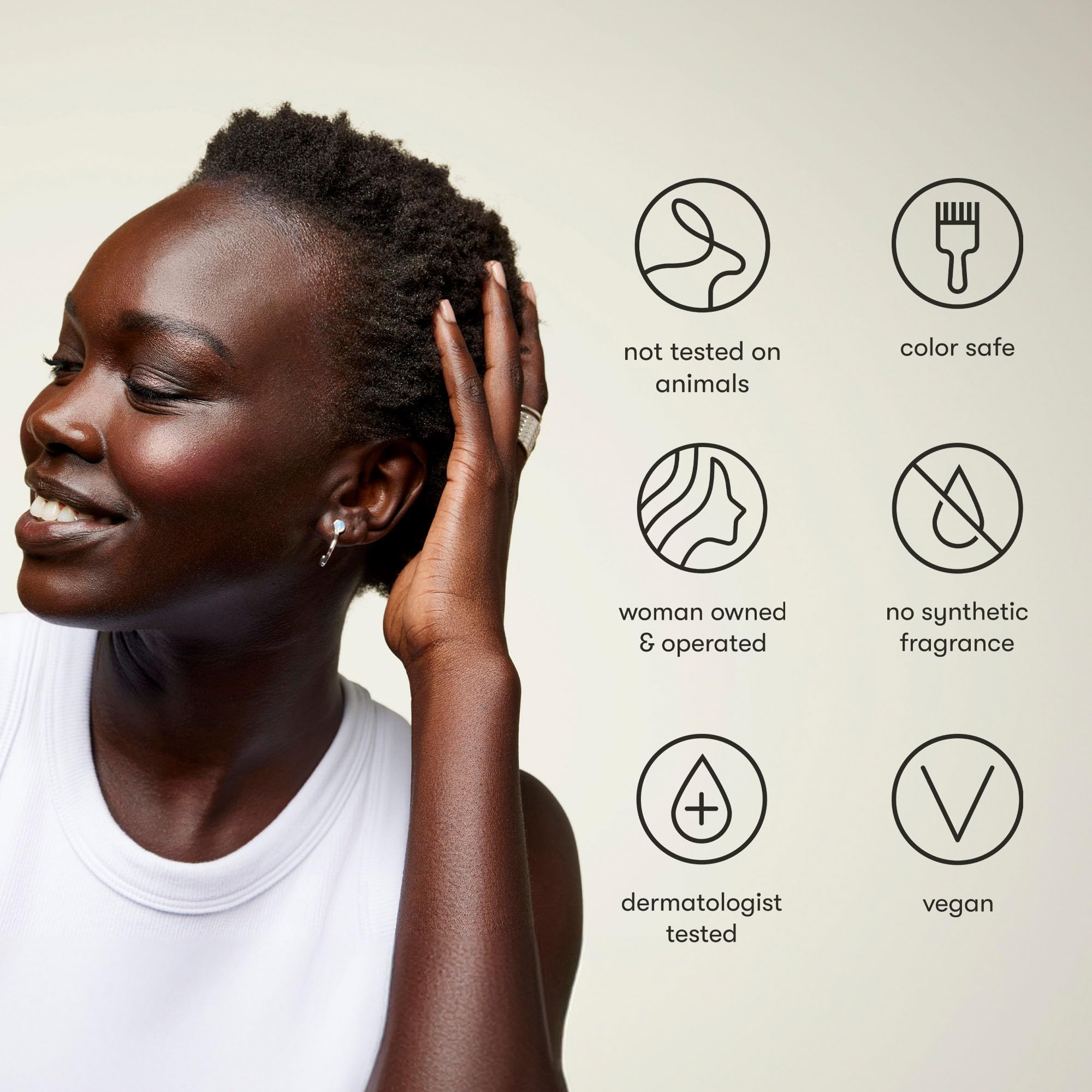Odele Clarifying Shampoo hair with towel-dried look; revitalized scalp feel
