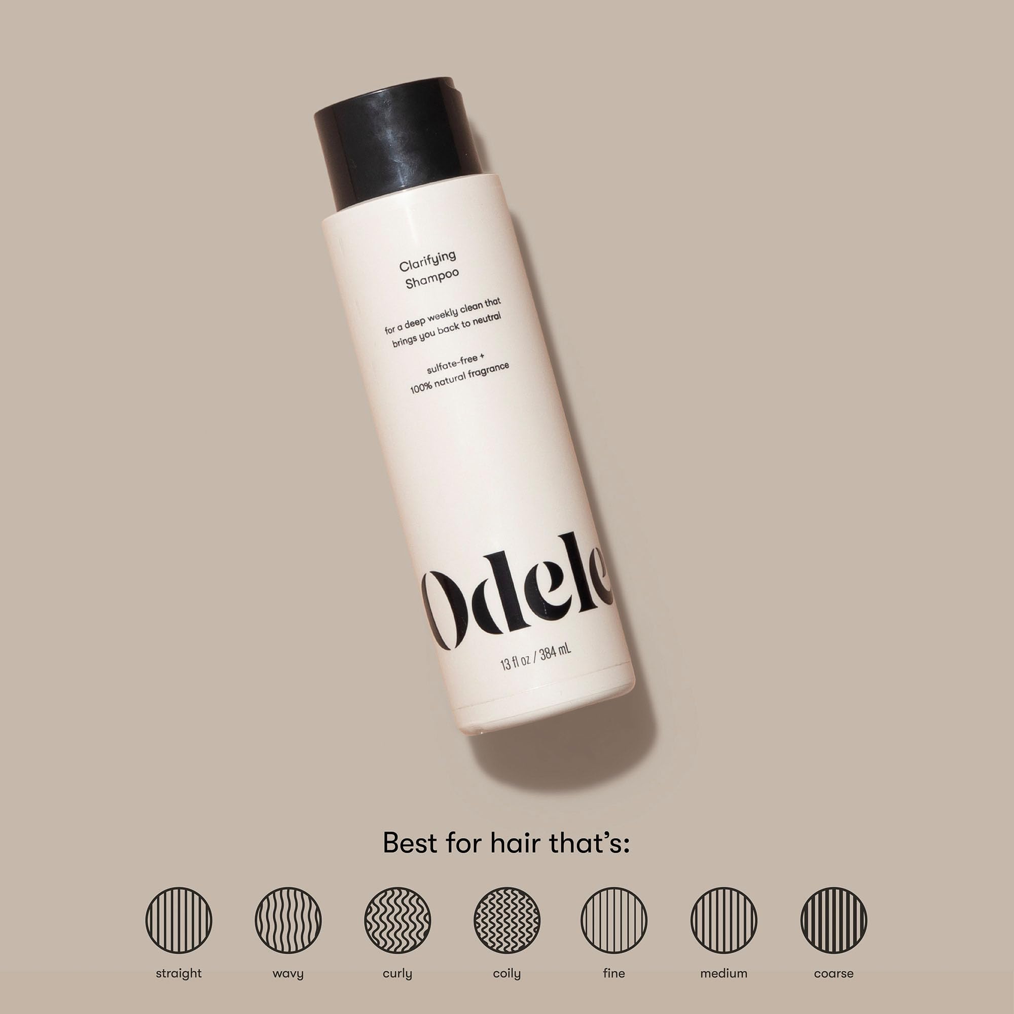 Odele Clarifying Shampoo label close-up; sulfate-free and vegan, cruelty-free promise