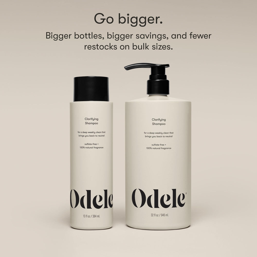 Odele Clarifying Shampoo on wet hair; gentle cleansing for all textures