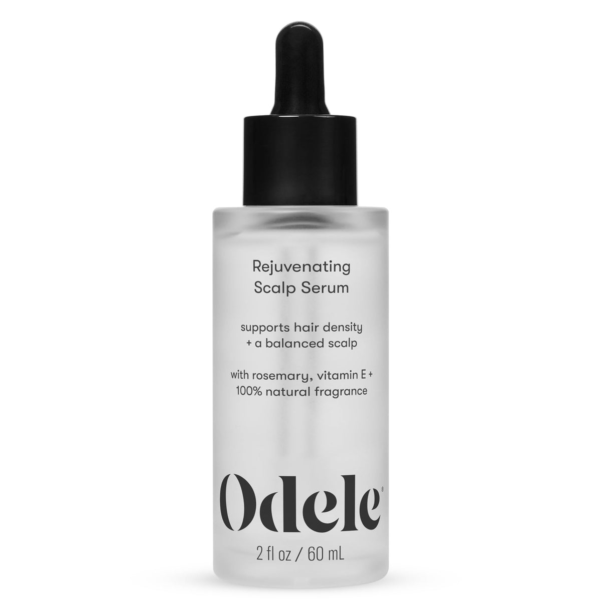 Odele Rejuvenating Scalp Serum rosemary bottle provides refreshing scalp support with a light finish.
