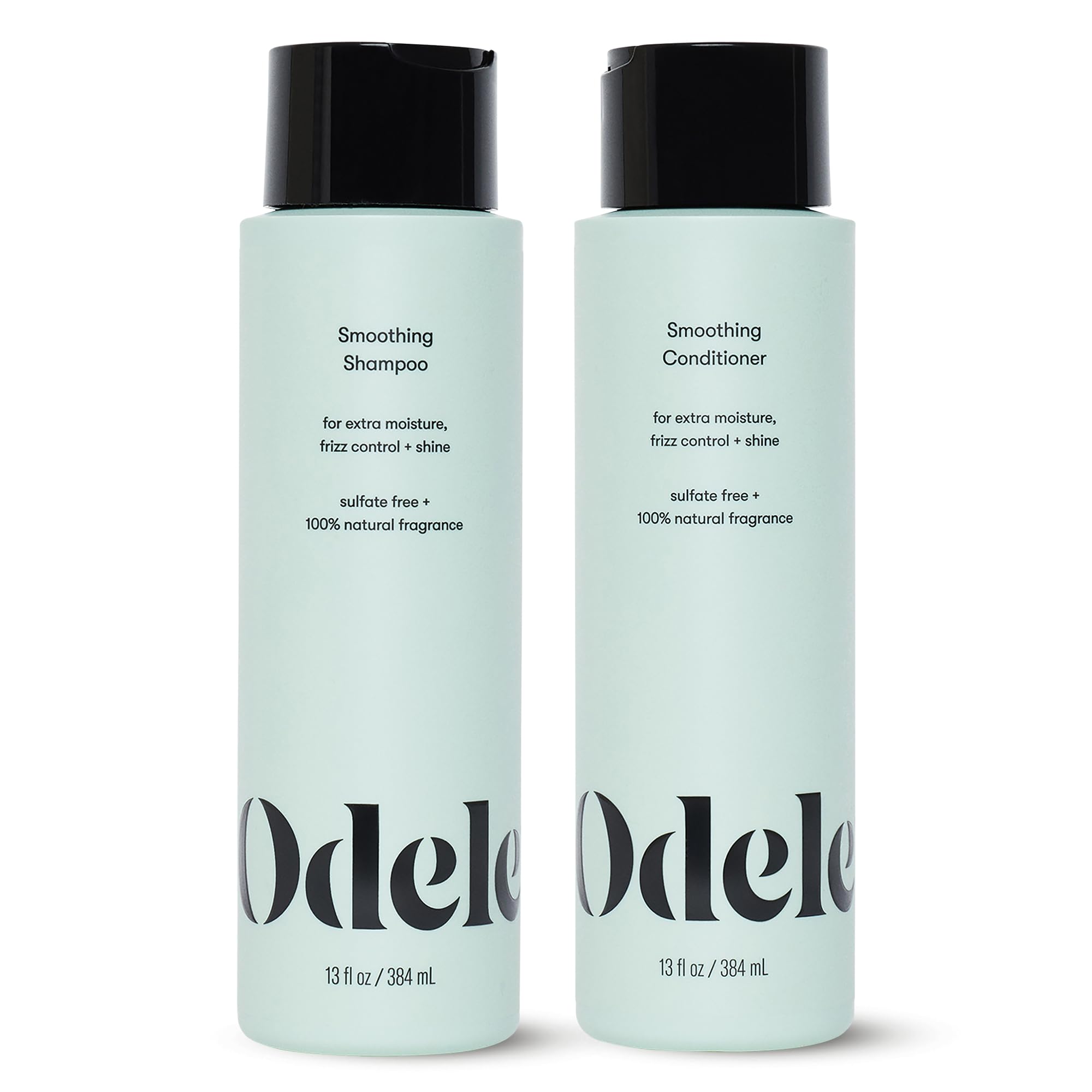 Odele smoothing shampoo bottle showing frizz control and shine benefits.