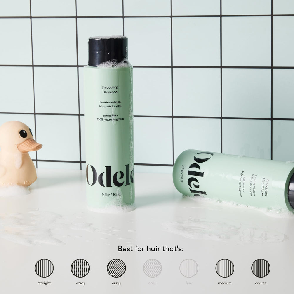 Close-up of Odele smoothing-shampoo label emphasizing sulfate-free formula.