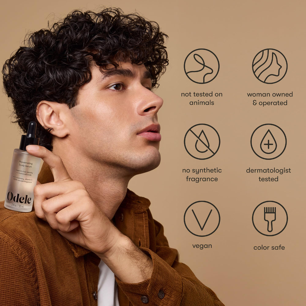 Odele Rejuvenating Scalp Serum sulfates-free-formulation banner emphasizes clean beauty.