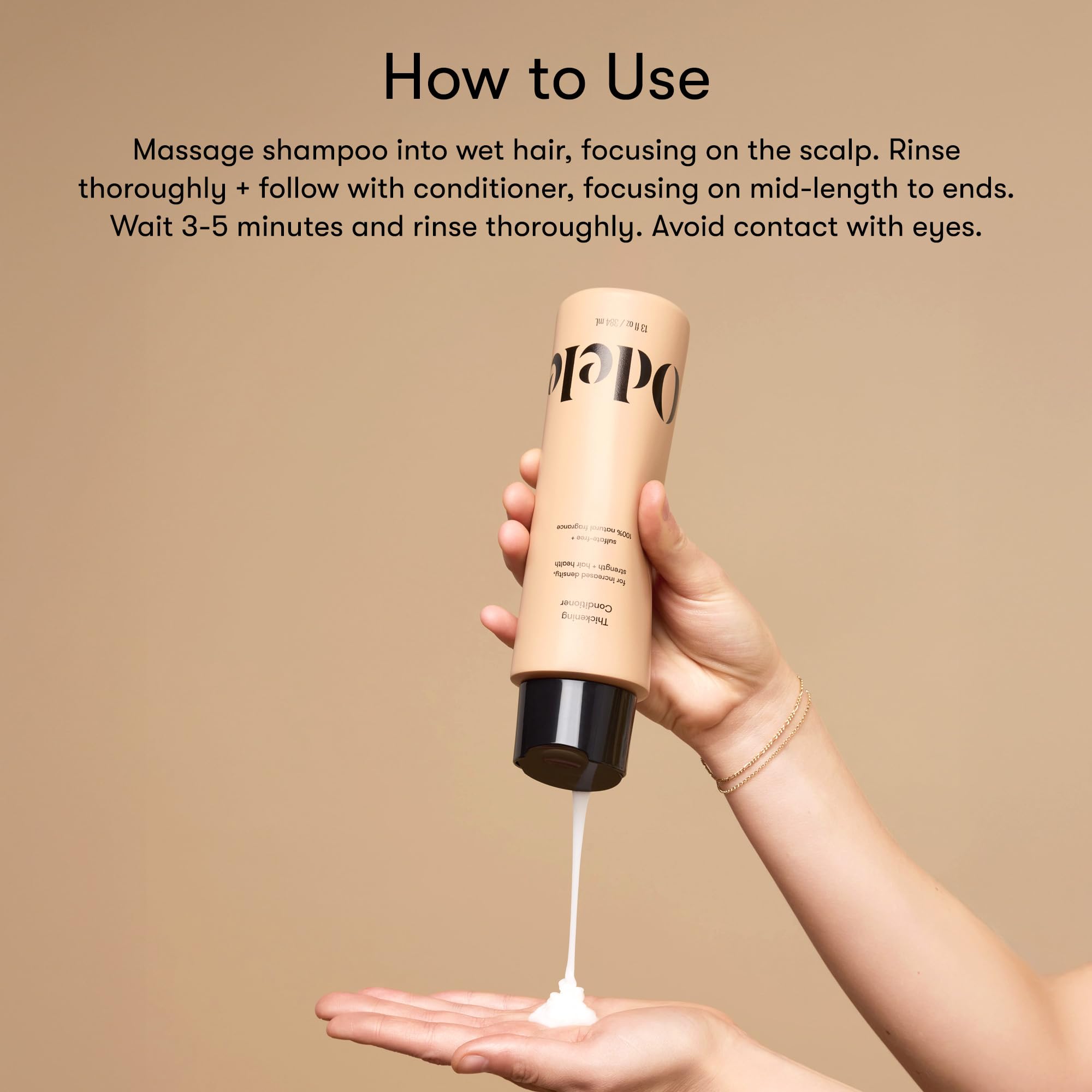 Odele Thickening Conditioner label close-up notes caffeine and botanicals for scalp refreshment.