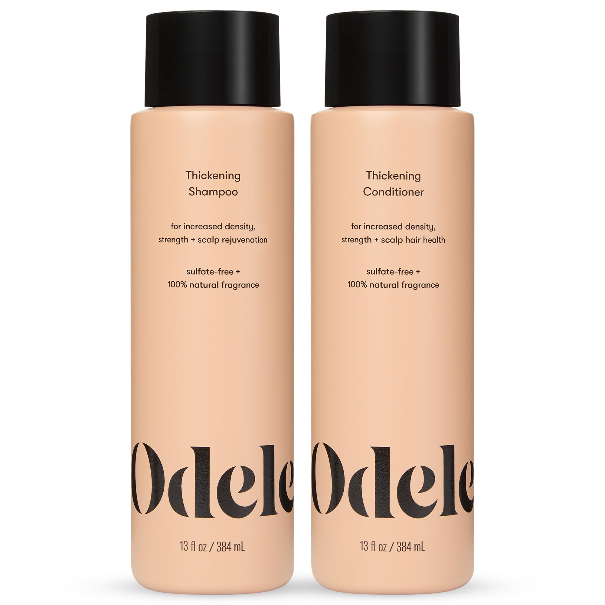 Odele Thickening Shampoo bottle on display highlighting density boost and refreshing scent.