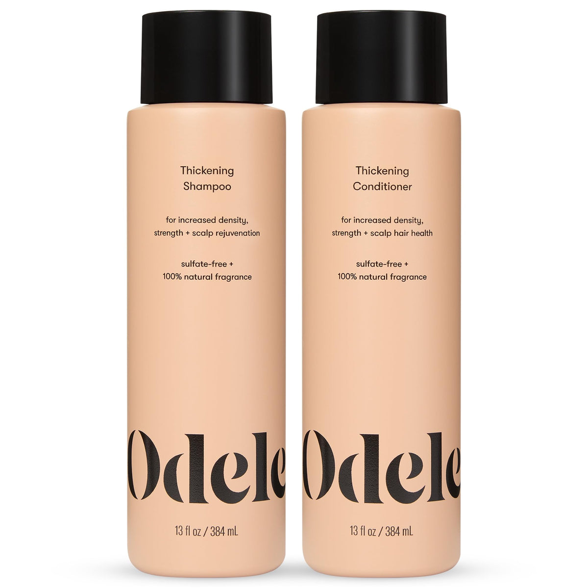 Odele Thickening Shampoo bottle on display highlighting density boost and refreshing scent.
