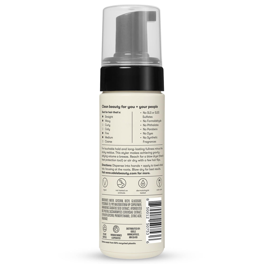 Odele Volumizing Foam heat shield label indicates heat protection up to 450 degrees
