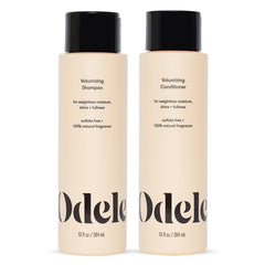 Odele volumizing shampoo bottle front showing weightless moisture and shine.
