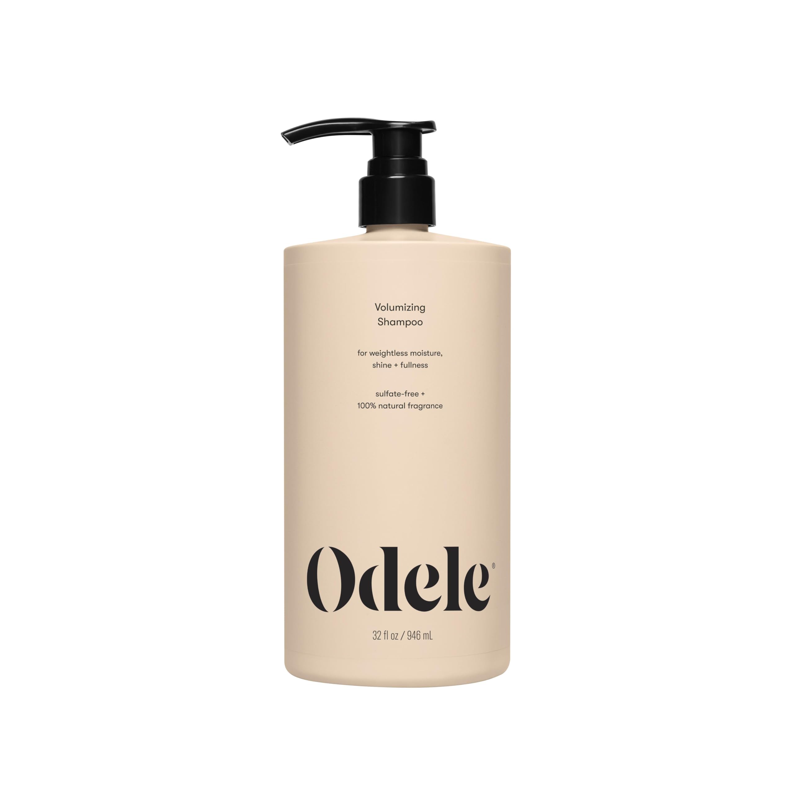 Odele Volumizing Shampoo bottle shows sleek design for weightless moisture and shine