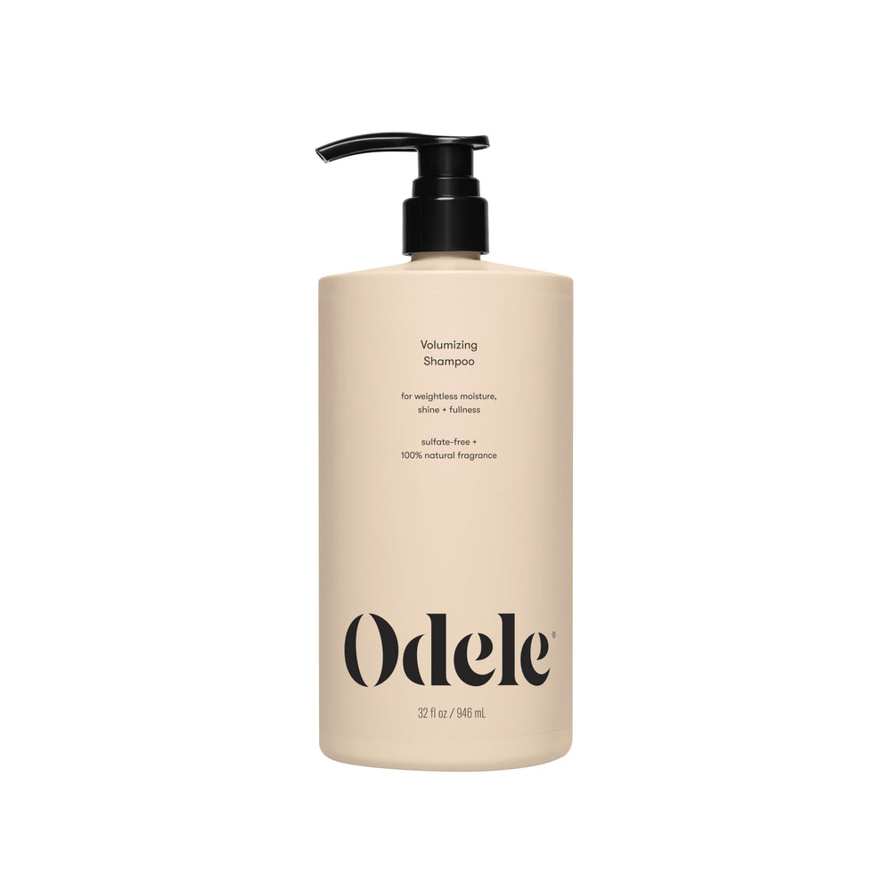 Odele Volumizing Shampoo bottle shows sleek design for weightless moisture and shine