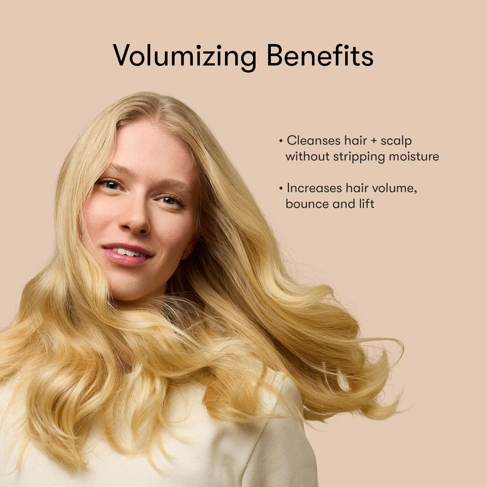 Odele Volumizing Shampoo pour image suggests easy distribution for starting your routine