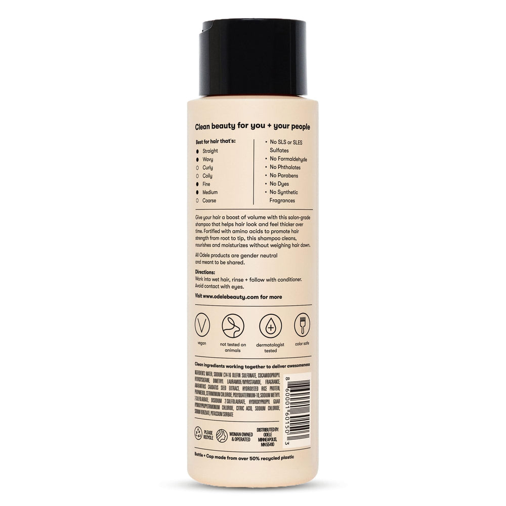 Vegan cruelty-free logo on the Odele Volumizing Shampoo label