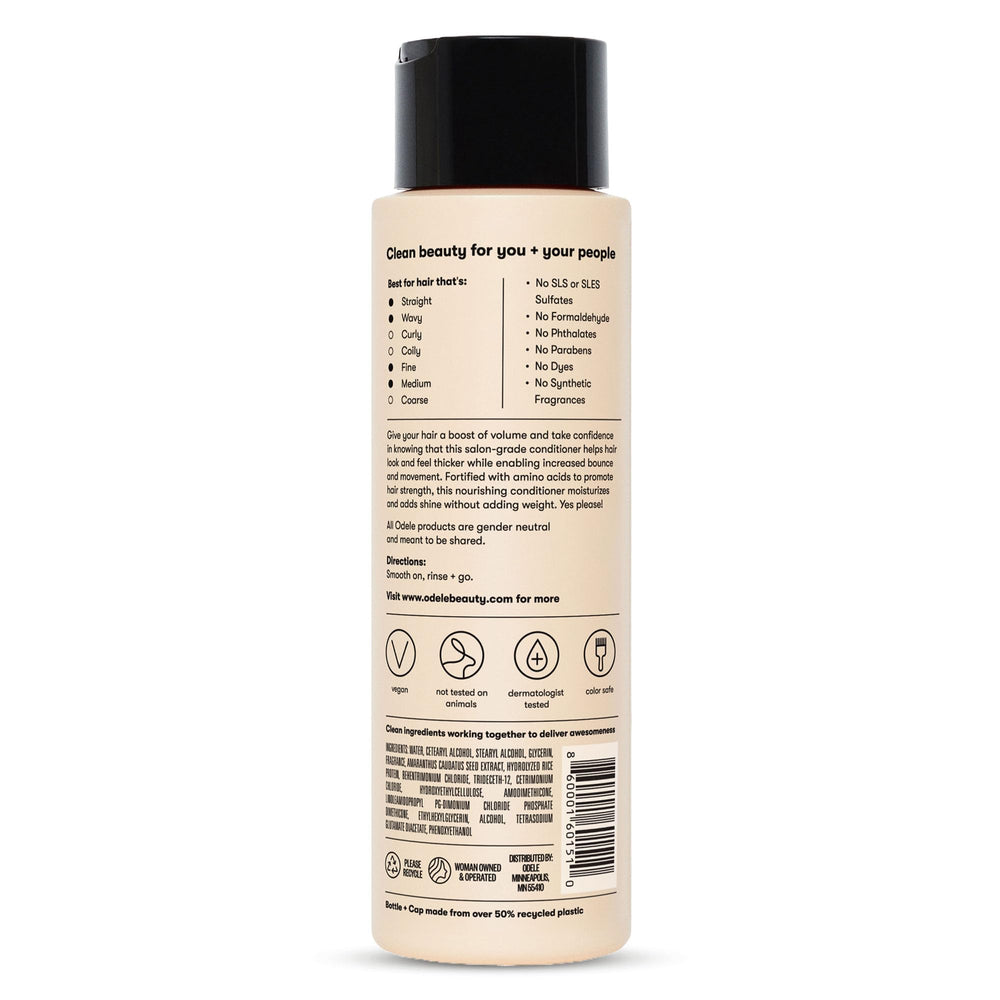 Odele Volumizing Conditioner with oakmoss, ylang ylang, and cucumber scent.