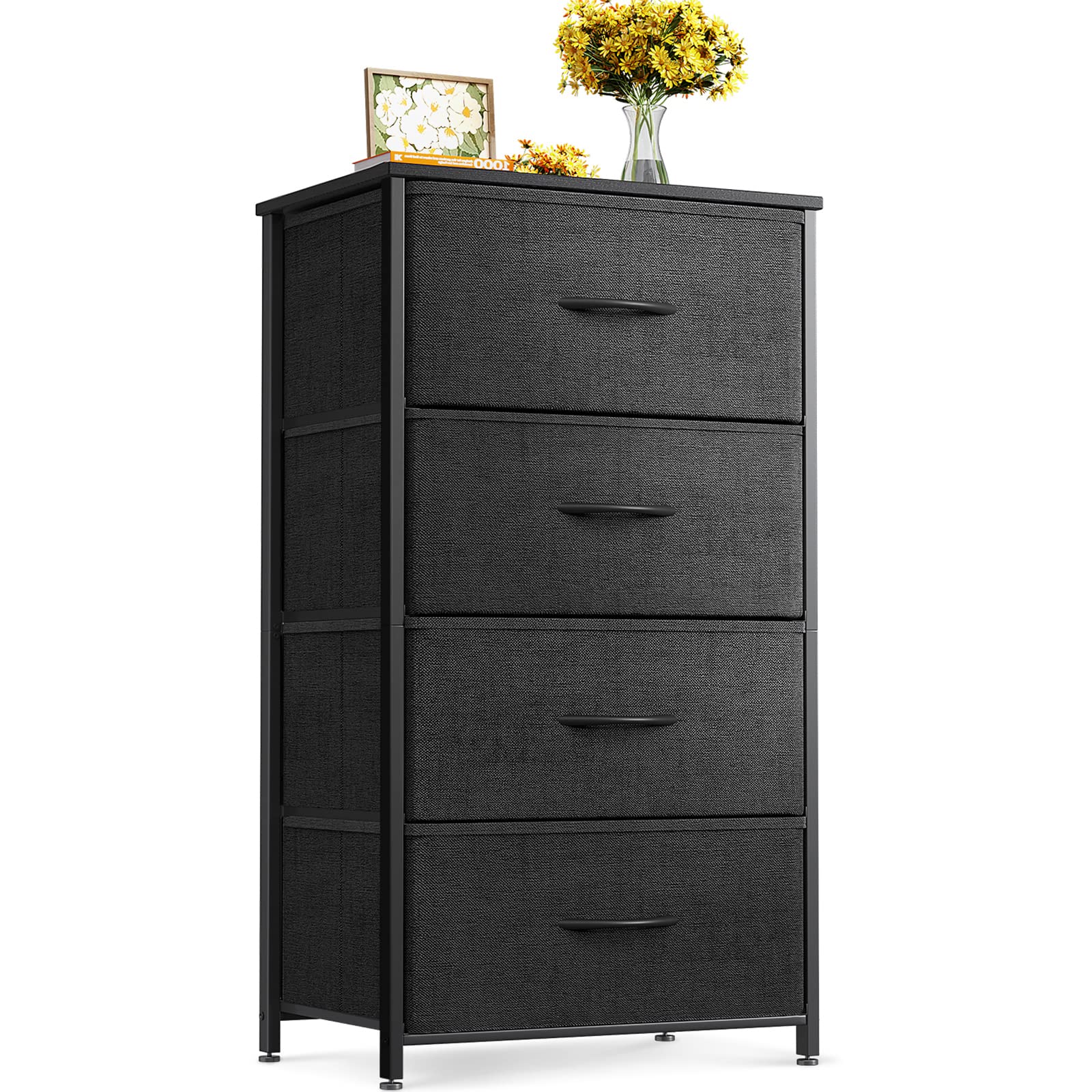 ODK dresser with wood top and black frame provides sturdy storage for small bedrooms.