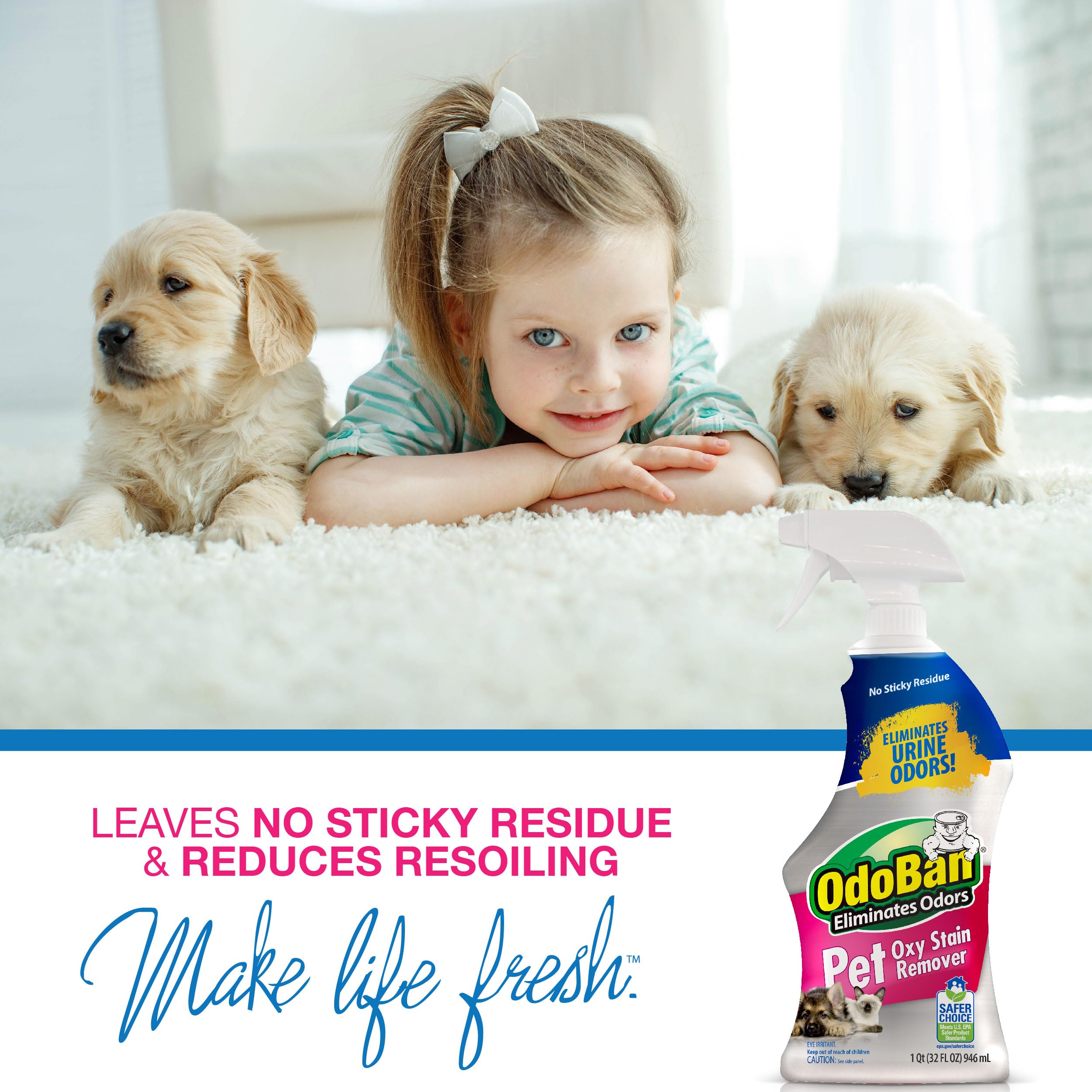 OdoBan Stain Remover spray caption emphasizes odor neutralization and fresh scent.