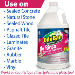 Sealed wood, laminate, and vinyl floors cleaned with neutral pH solution by OdoBan.