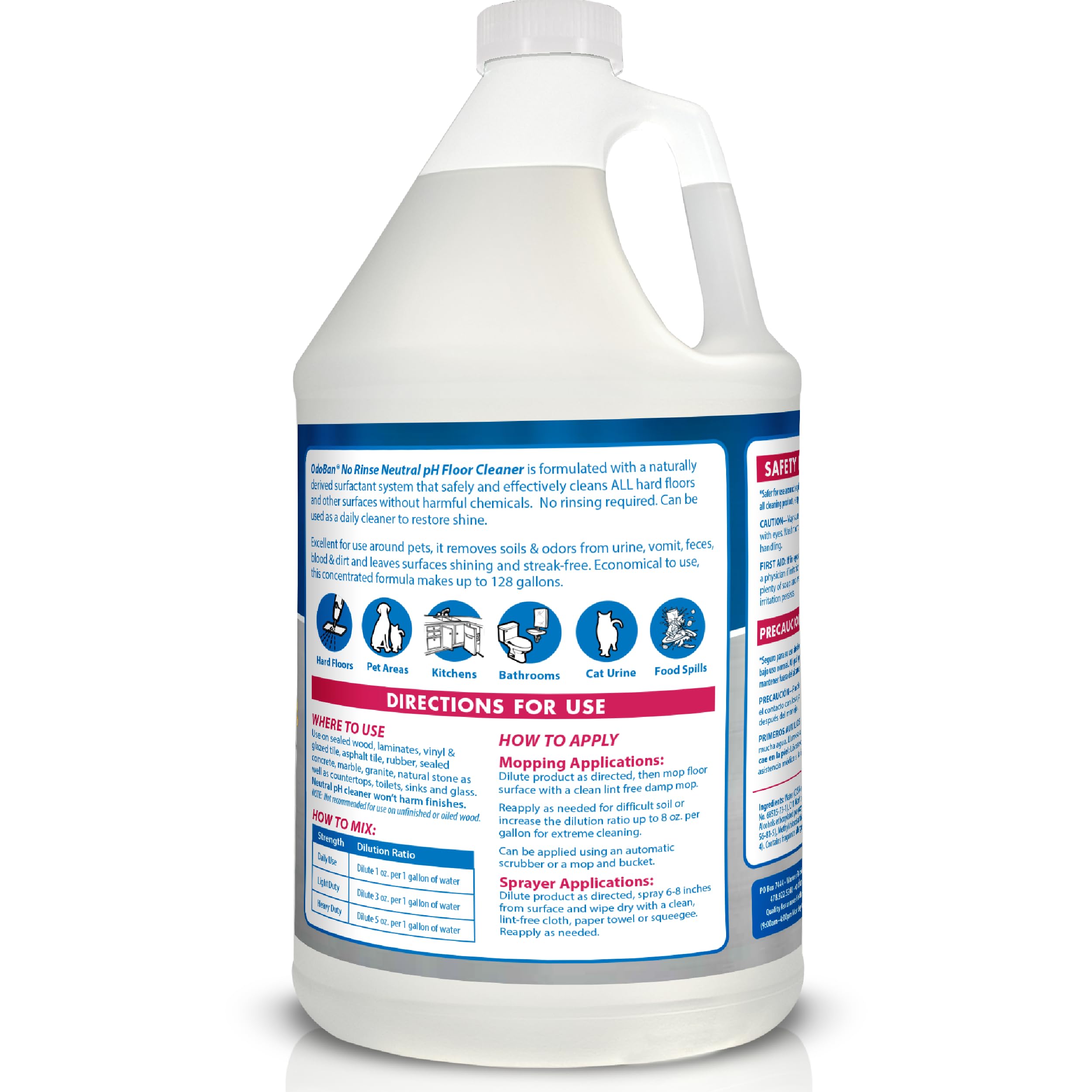 Dilution setup showing 128 gallons yield for economical floor care.