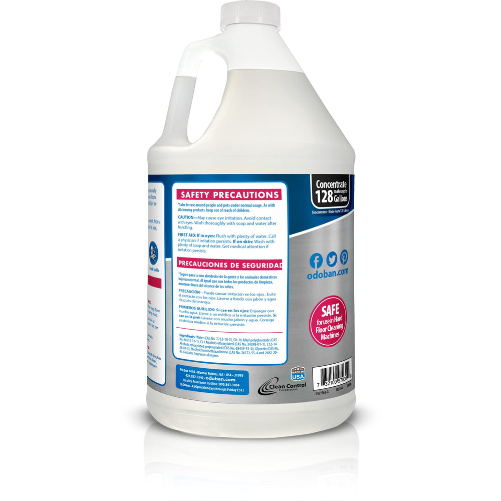 OdoBan neutral pH floor cleaner bottle highlighting bleach-free, surface-safe cleaning.