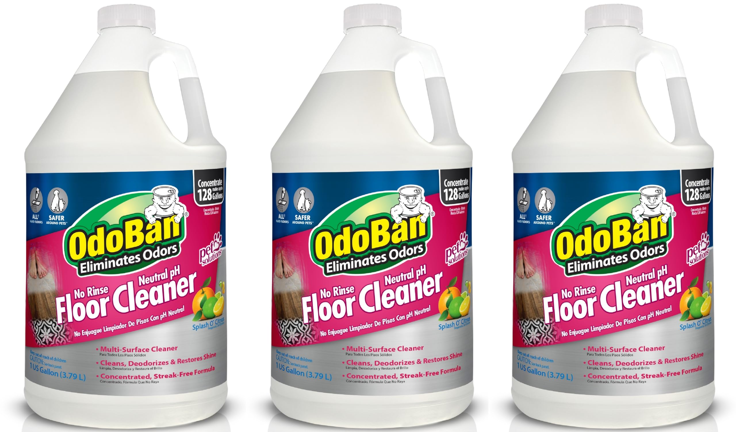 OdoBan Pet Solutions no rinse bottle with citrus scent for easy cleaning on floors.