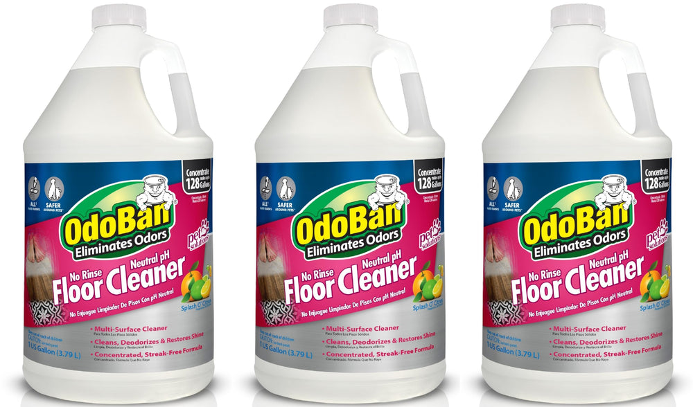 OdoBan Pet Solutions no rinse bottle with citrus scent for easy cleaning on floors.