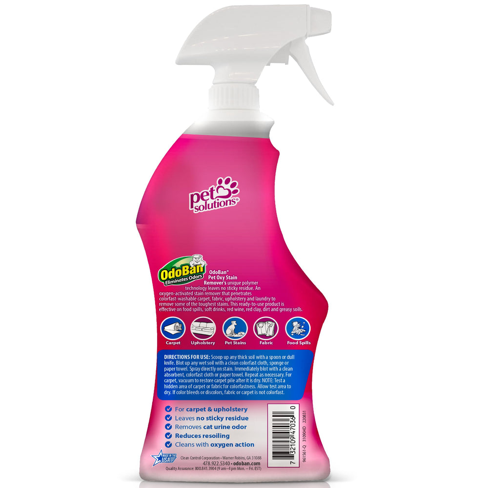 OdoBan Pet Solutions oxy spray mist on fabric for fast odor control after accidents.