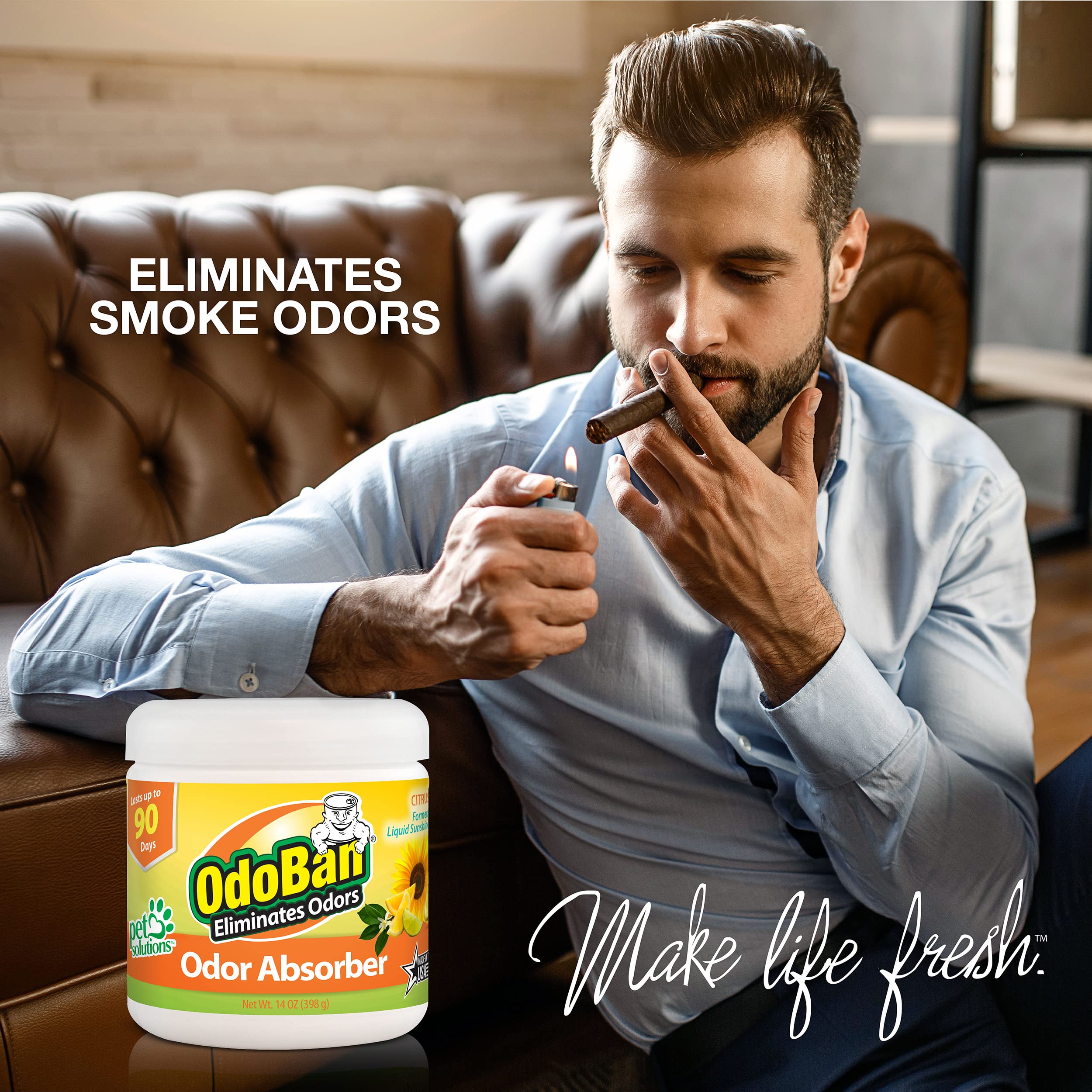 OdoBan solid odor absorber in a closet helps reduce smells with a fresh citrus note