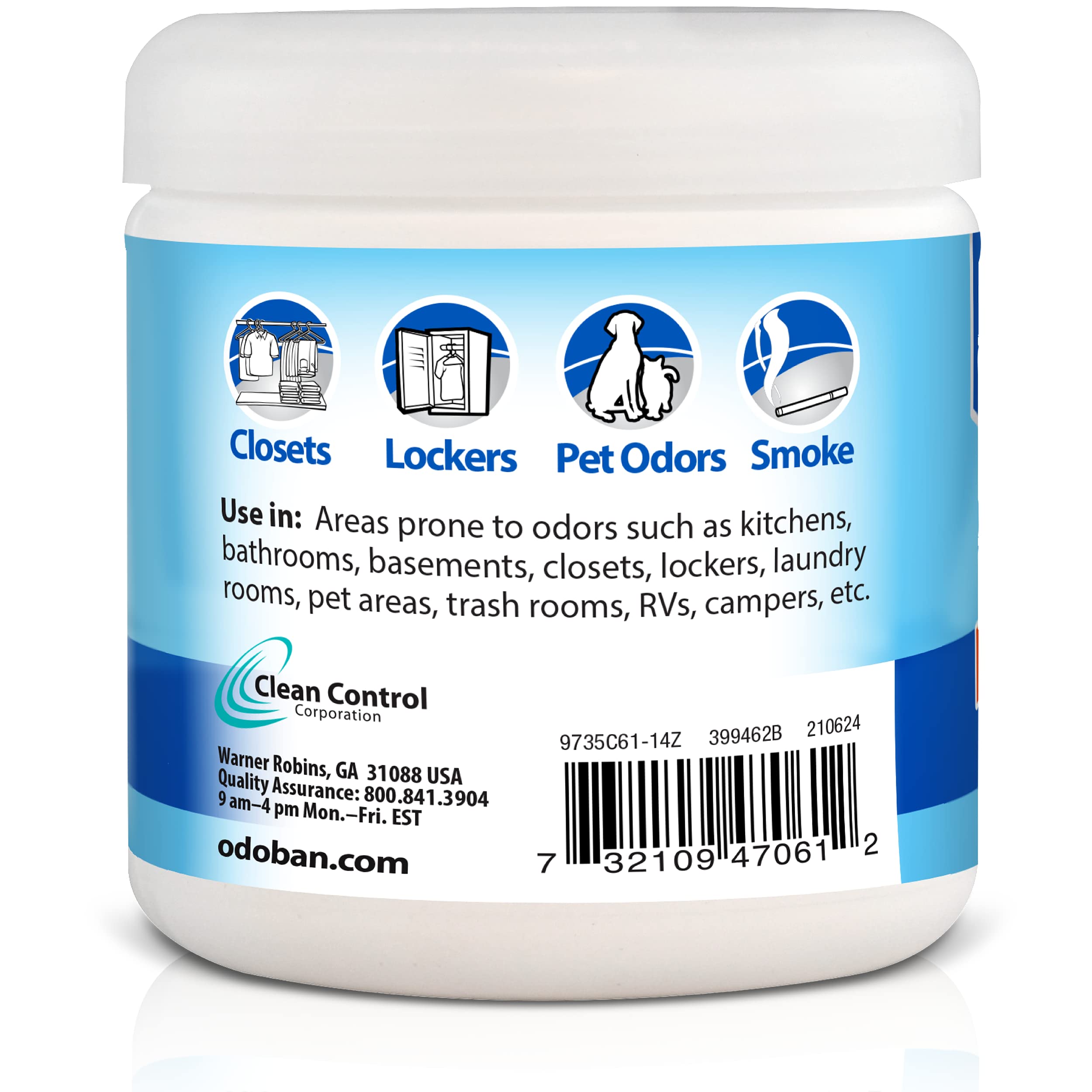 OdoBan solid odor absorber linen jar in closet masks odors with fresh linen scent.