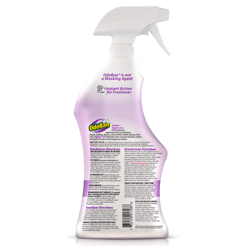 OdoBan spray mist on nonporous surfaces provides sanitizing action.
