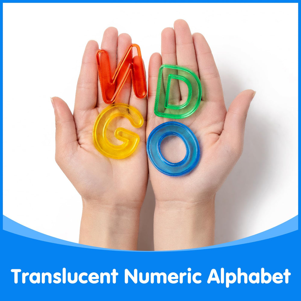 Odoorgames translucent letters and numbers set in bright colors for spelling practice